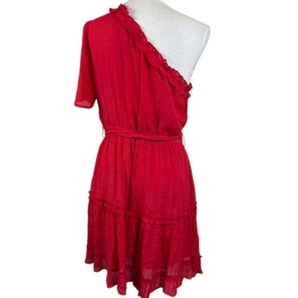 BaeVely One Shoulder Ruffle Red Mini Dress Elastic Waist Lined Size Medium - Picture 3 of 11